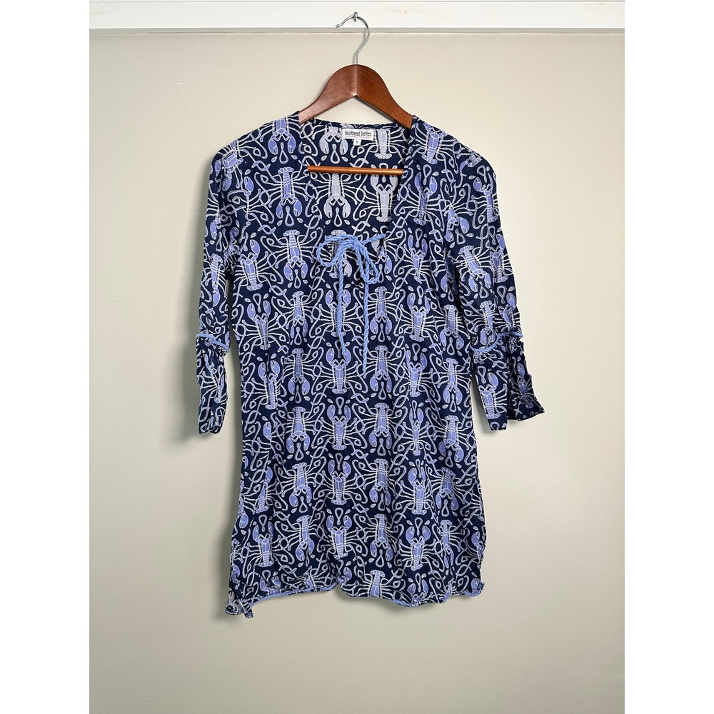 Buckhead Betties Lobster Tunic Women Small Blue EUC Coastal Nautical Tie Front
